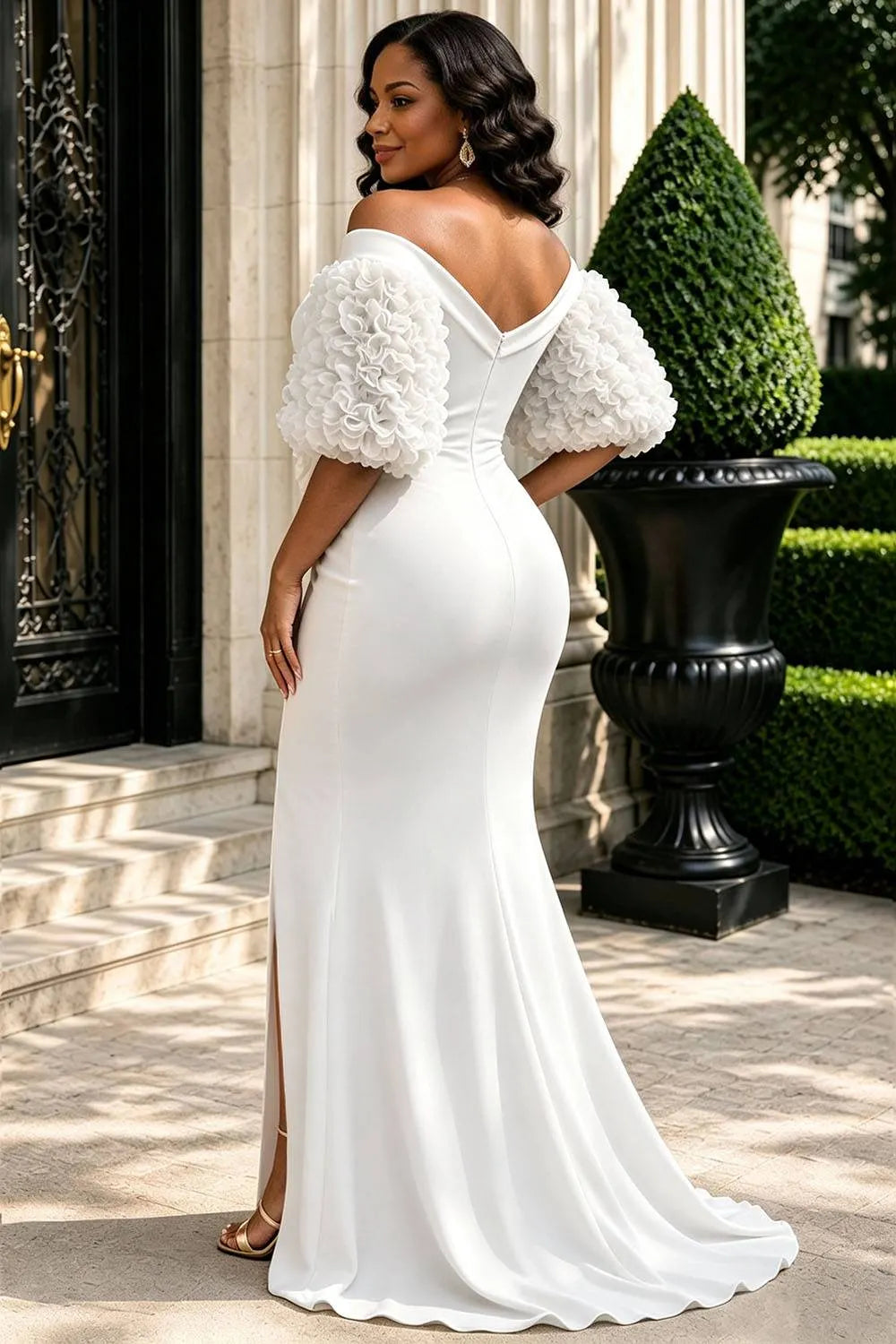 Wedding White Off The Shoulder Short Sleeve Split 3D Maxi Dresses [Pre-Order]