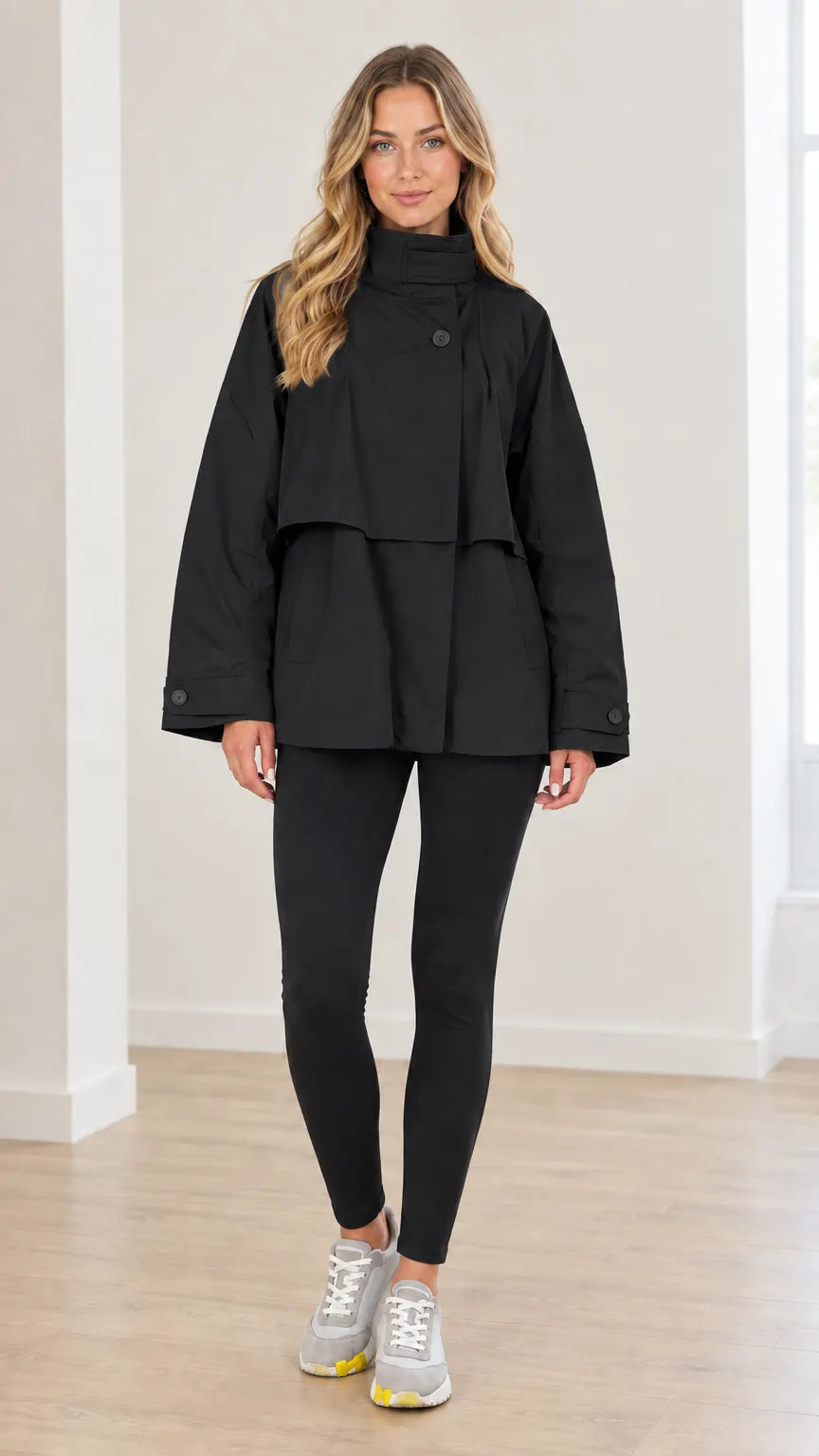 Women's High Neck Layered Flap Short Trench Coat Loose Windbreaker Jacket