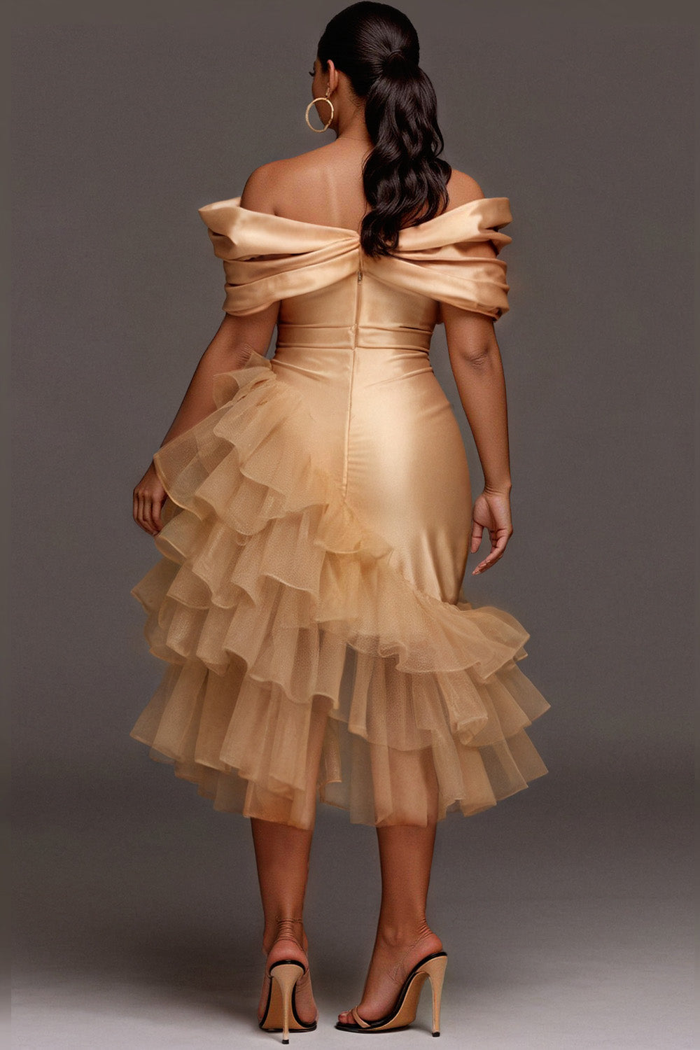 Wedding Guest Tulle Champagne Off The Shoulder Ruffle Elegant Contrast Satin Midi Dresses