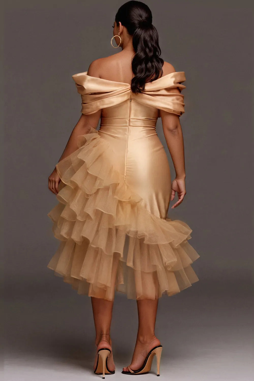Wedding Guest Tulle Champagne Off The Shoulder Ruffle Elegant Contrast Satin Midi Dresses