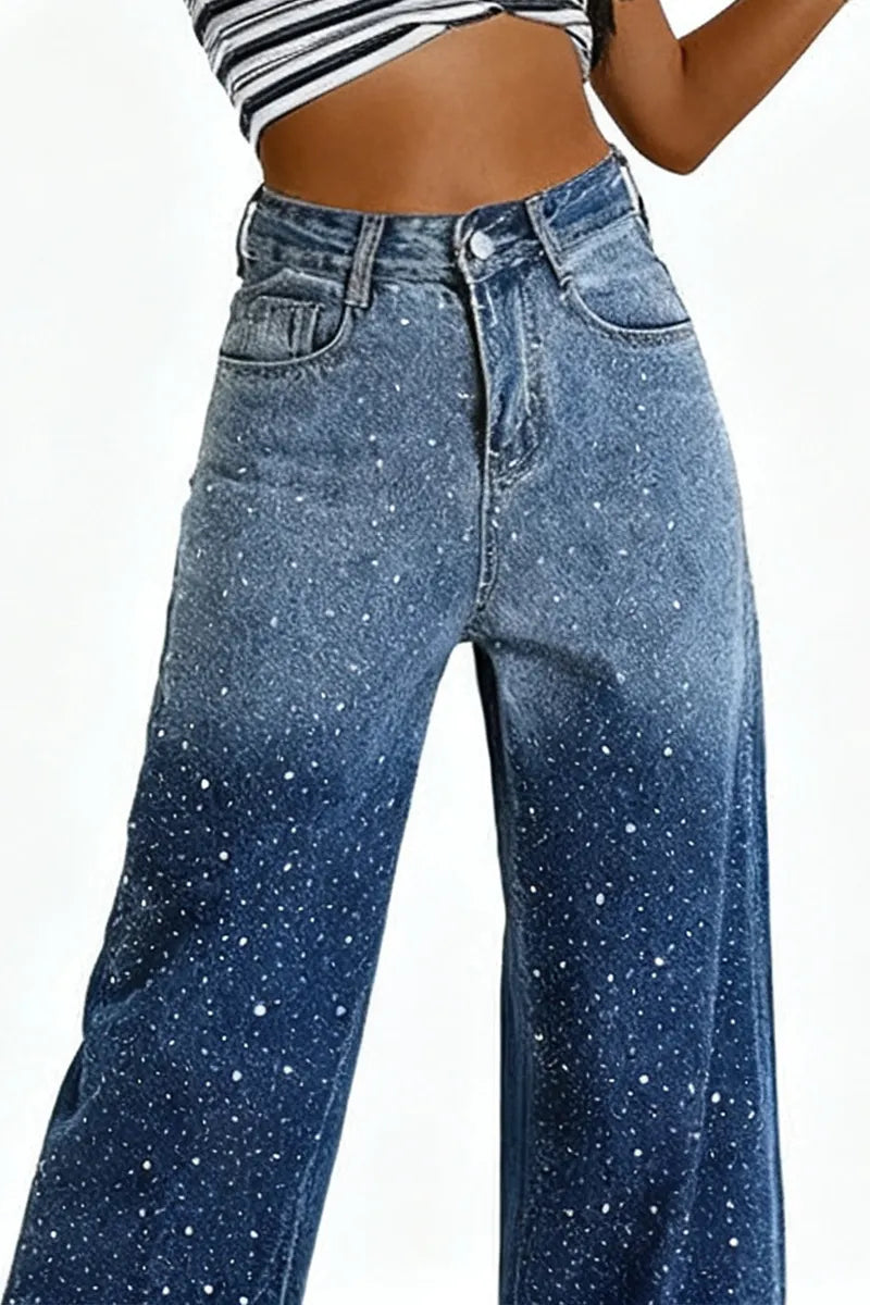 Women's Blue Gradient Rhinestone-Dazzled Jeans