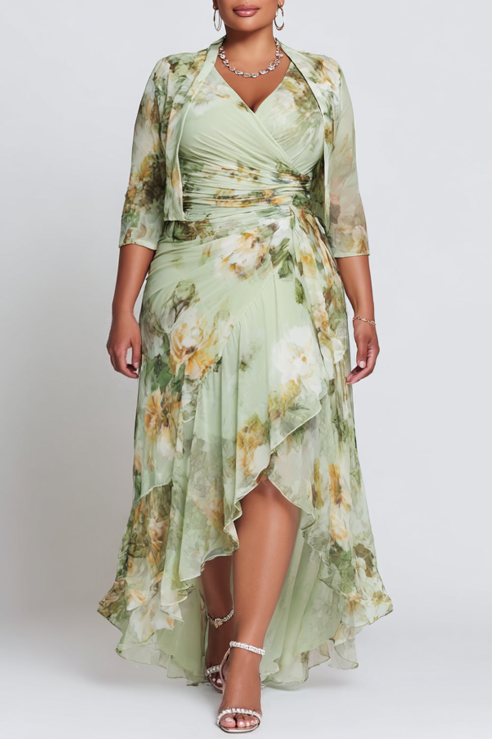 Mother Of The Bride Sage Green Floral Wrap Neck 3/4 Sleeve Fold Asymmetric Hem Chiffon Two Piece Dress Set
