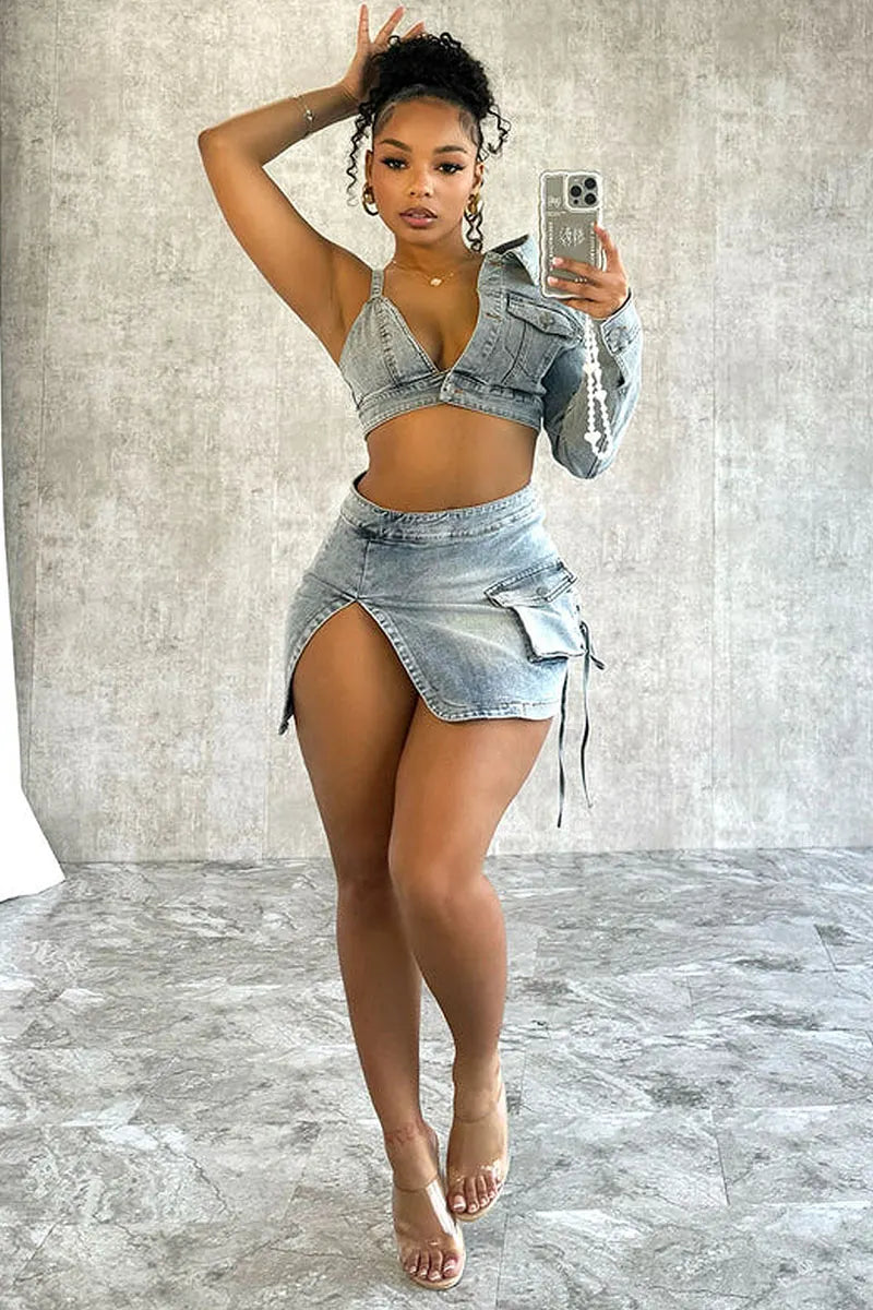 Women's Asymmetrical One Sleeve Top And High Slit Cargo Denim Skirt