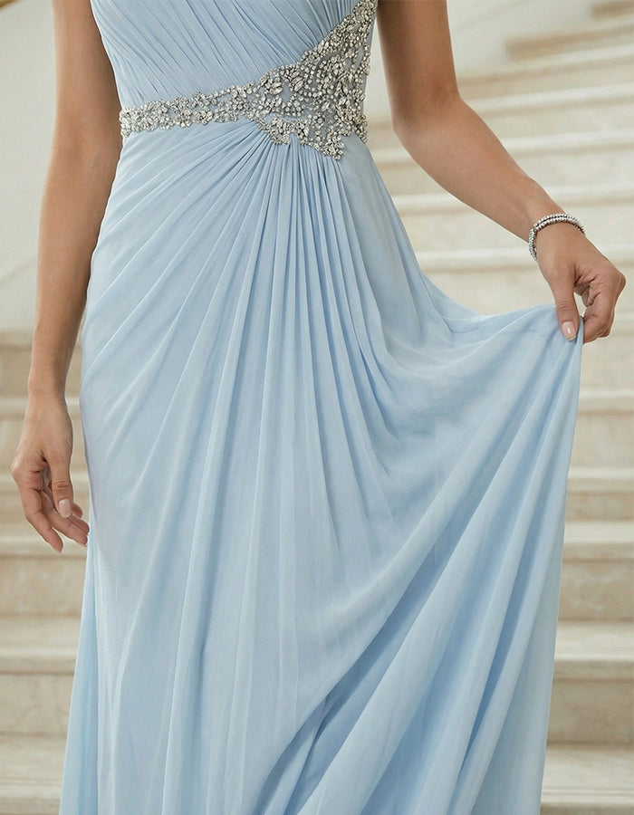 Light Blue Chiffon One Shoulder Sequins Maxi Dress
