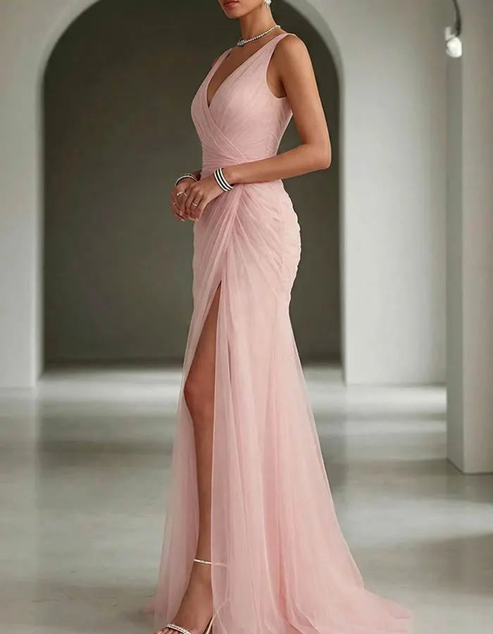 Tulle V-Neck Ruched Mermaid Maxi Dress