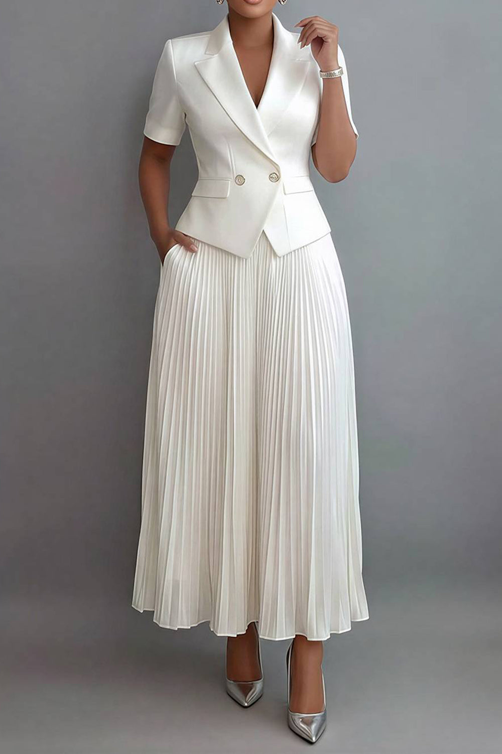 Chiffon White Turndown Collar Short Sleeve Pleated Pocket Satin Two Piece Skirt Sets