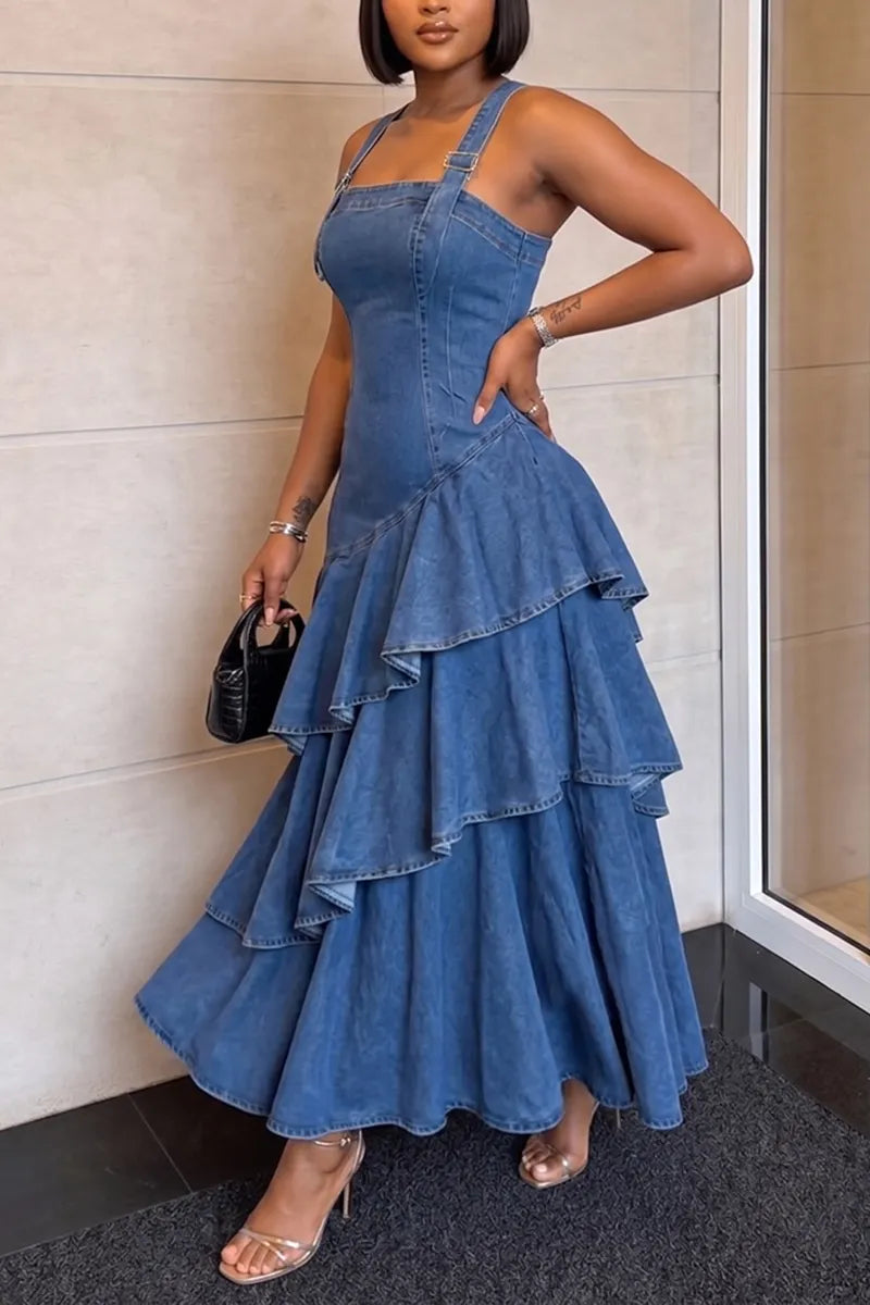 Women's Elegant Tiered Flounce Hem Denim Dress