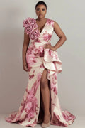 Pink Floral V Neck Ruffle Split Satin Maxi Dresses