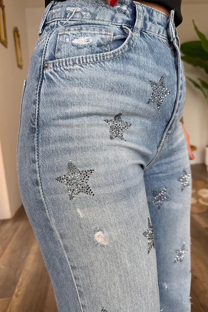 Women's Casual Loose Denim Pants with All-Over Sparkly Star Print