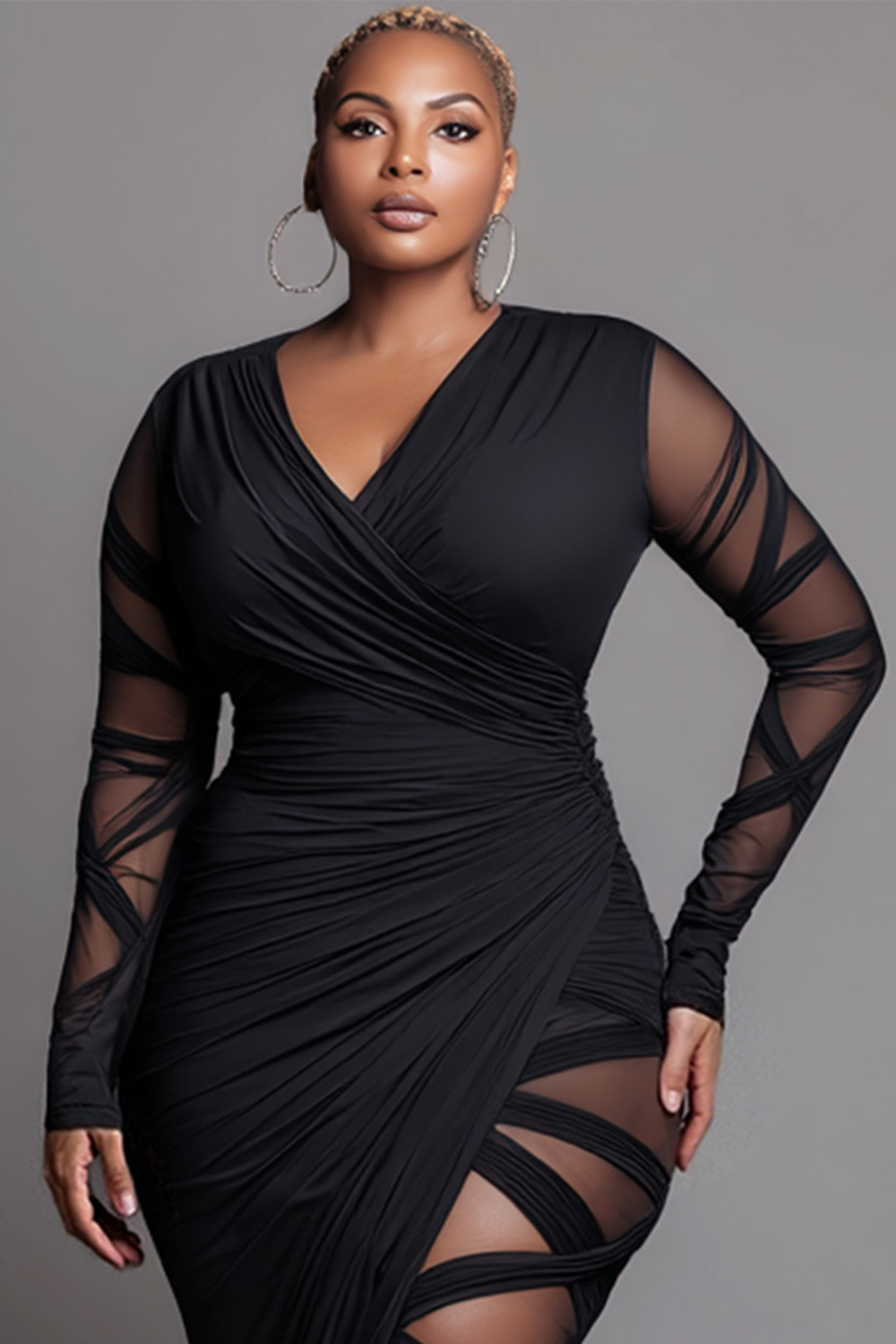 Party Black Wrap Neck Long Sleeve Bodycon See Through Midi Dresses