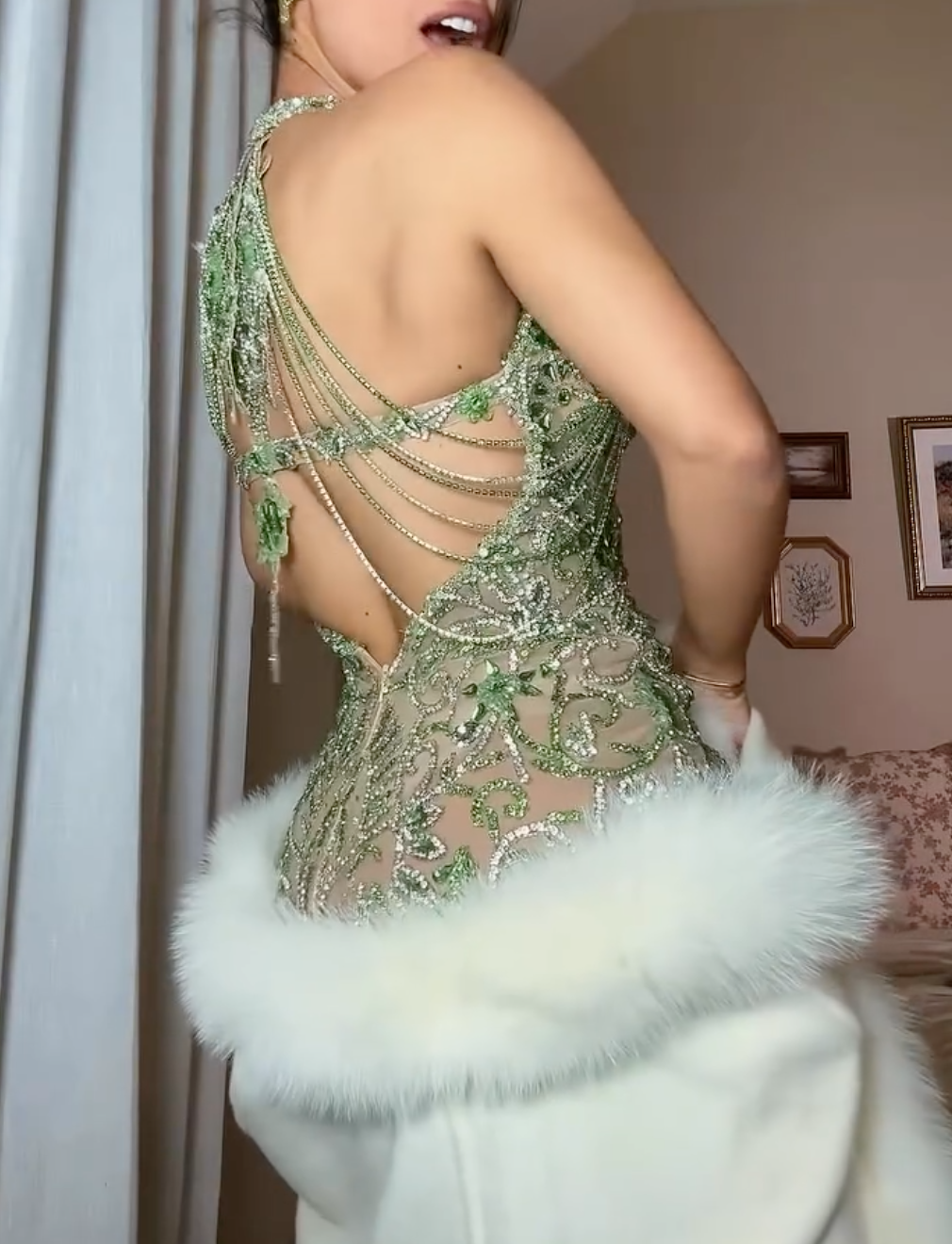 Mint Green Beaded Sheer Halter Maxi Dress with Open Back