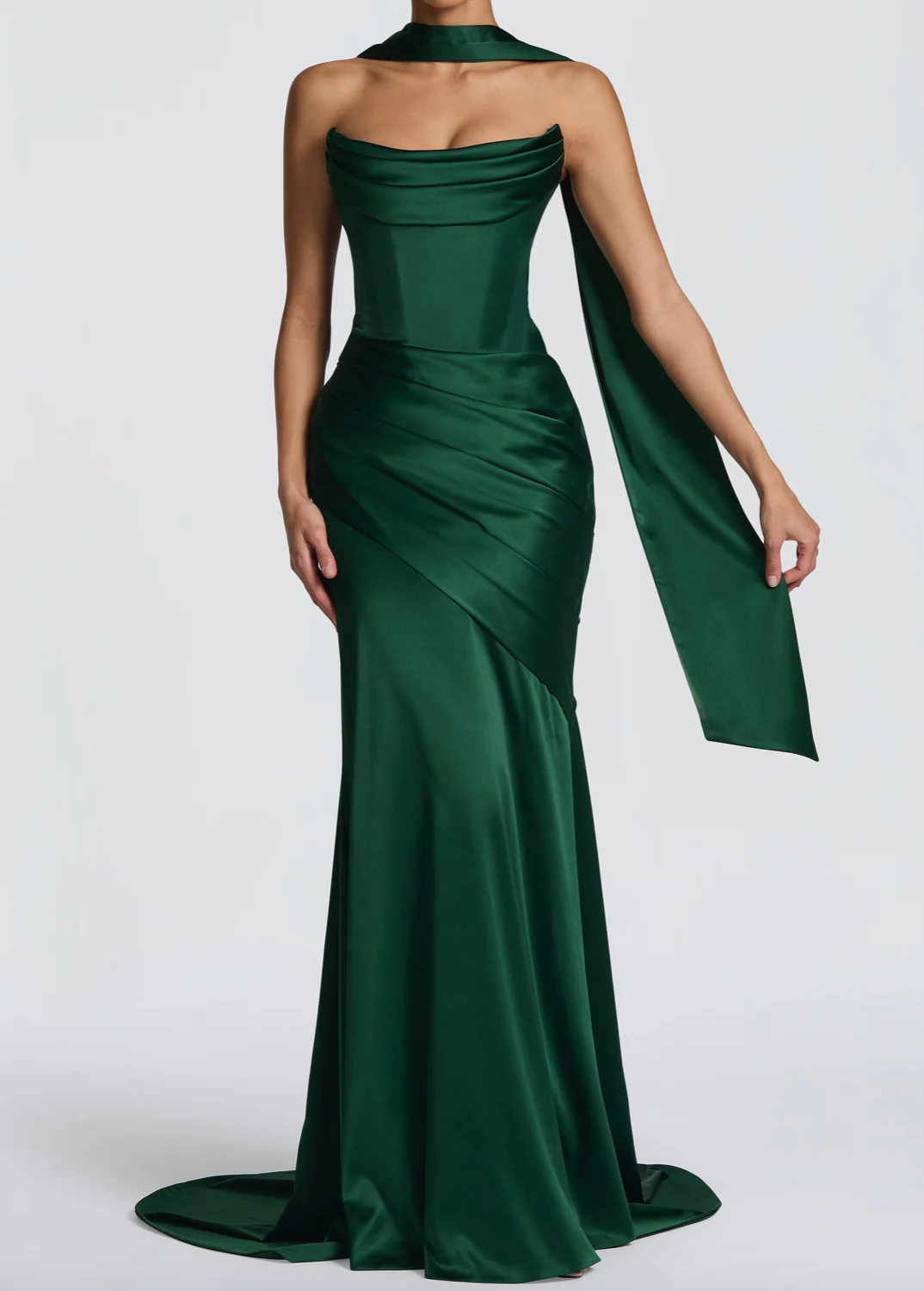 Black/Emerald Green Satin Cowl Neck Halter Maxi Dress with Corset Back & Draped Sash