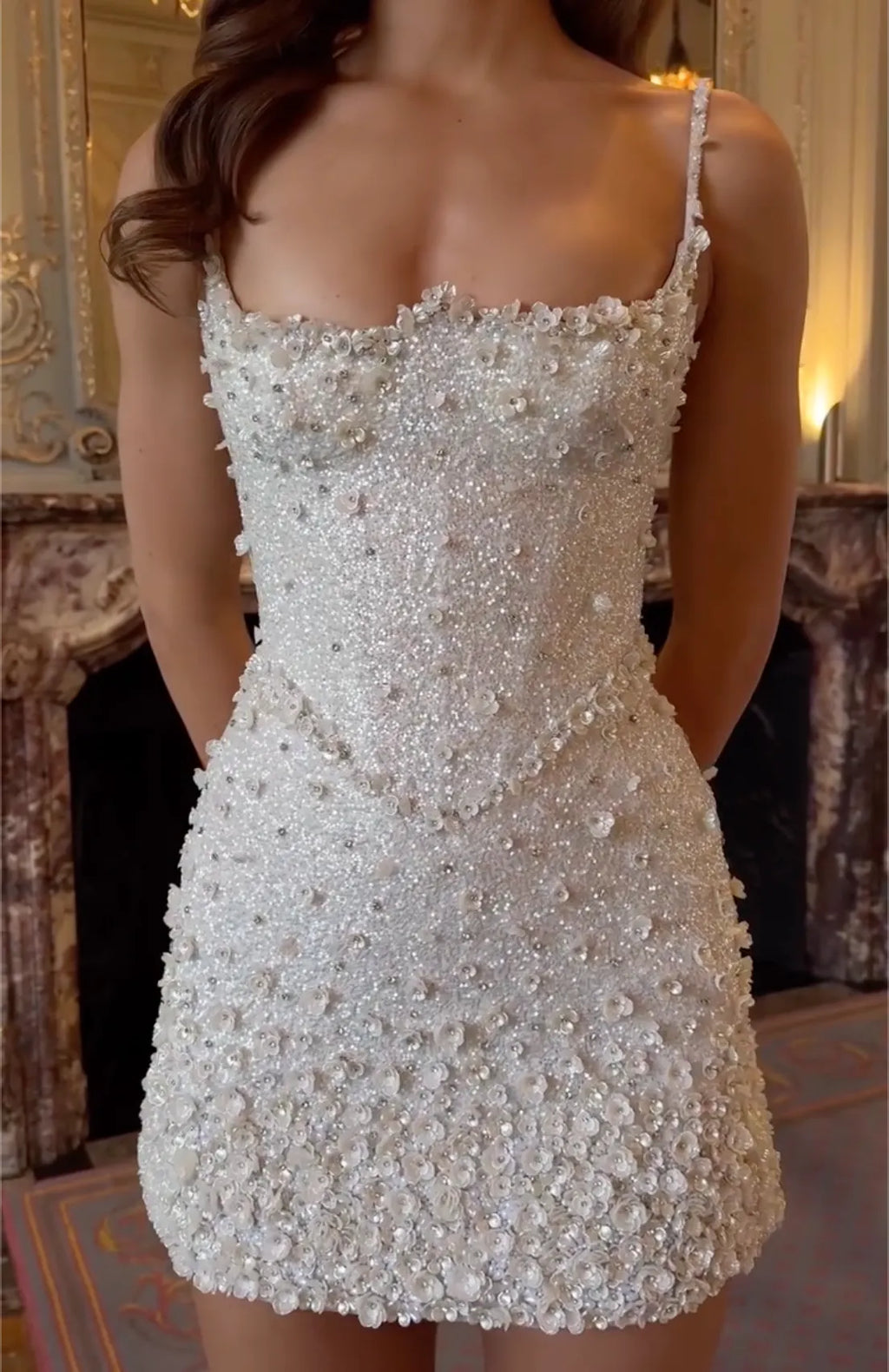 White Square Neck 3D Floral & Sequin Mini Dress - Spaghetti Strap Formal Cocktail Gown