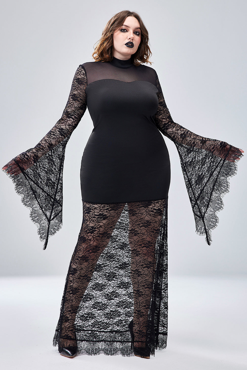 Halloween Costume Black Trumpet Sleeve Lace Maxi Dress(Ships 24h)