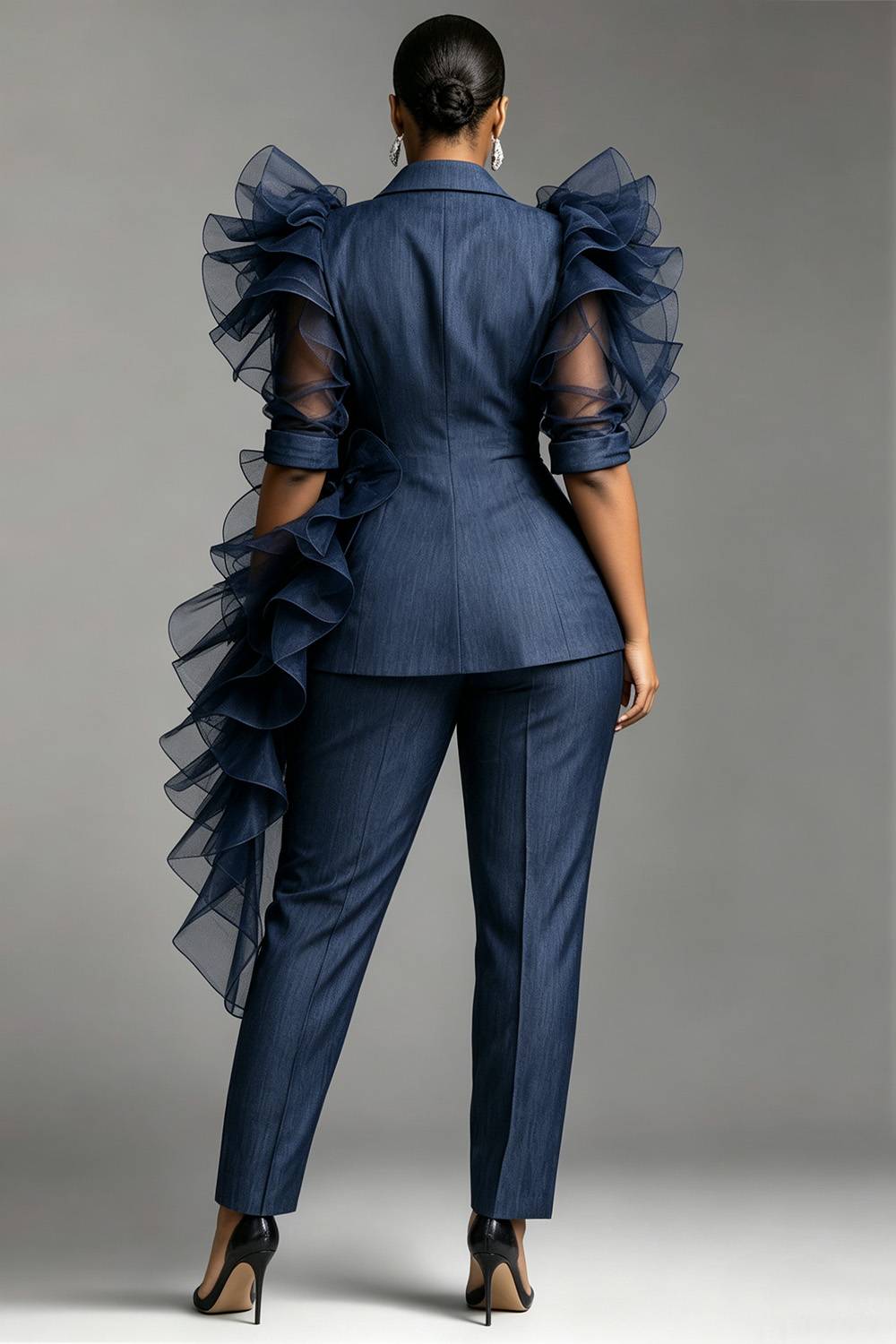 Cocktail Party Elegant Blue Turndown Collar Short Sleeve 3D Pocket Two Piece Pant Suits
