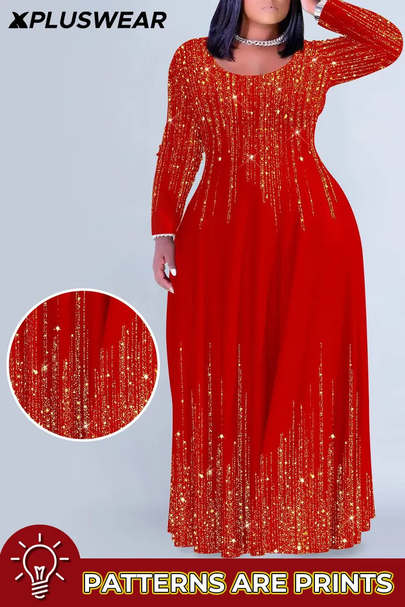 Christmas Red Gradient Round Neck Long Sleeve Maxi Dresses