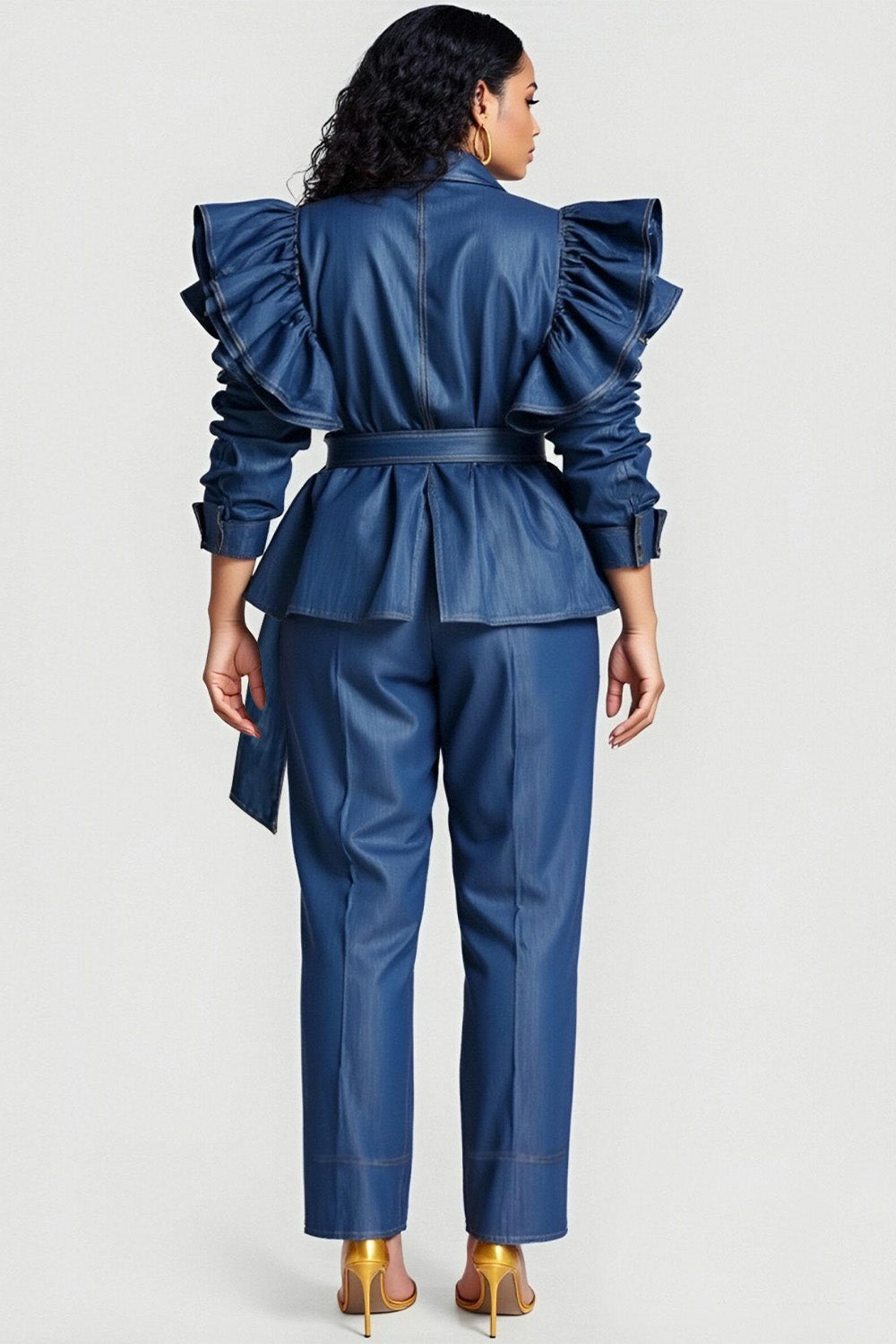 Business Casual Blue Turndown Collar Long Sleeve Ruffle Elegant Pocket Two Piece Pant Sets