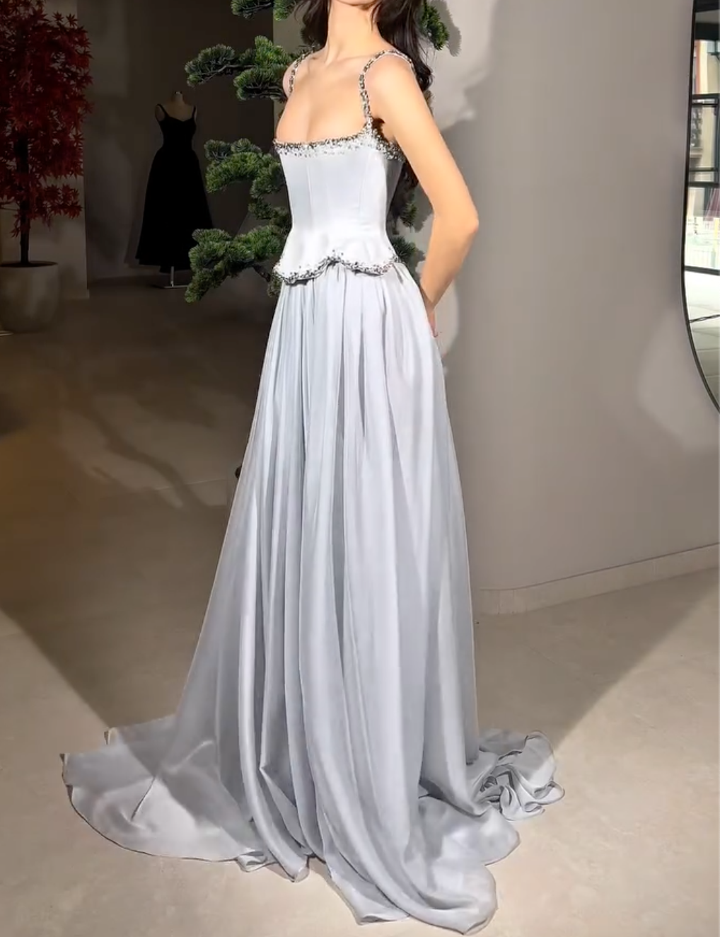 Silver Gray Spaghetti Strap Maxi Dress with Beaded Trim & Peplum Bodice
