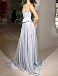 Silver Gray Spaghetti Strap Maxi Dress with Beaded Trim & Peplum Bodice
