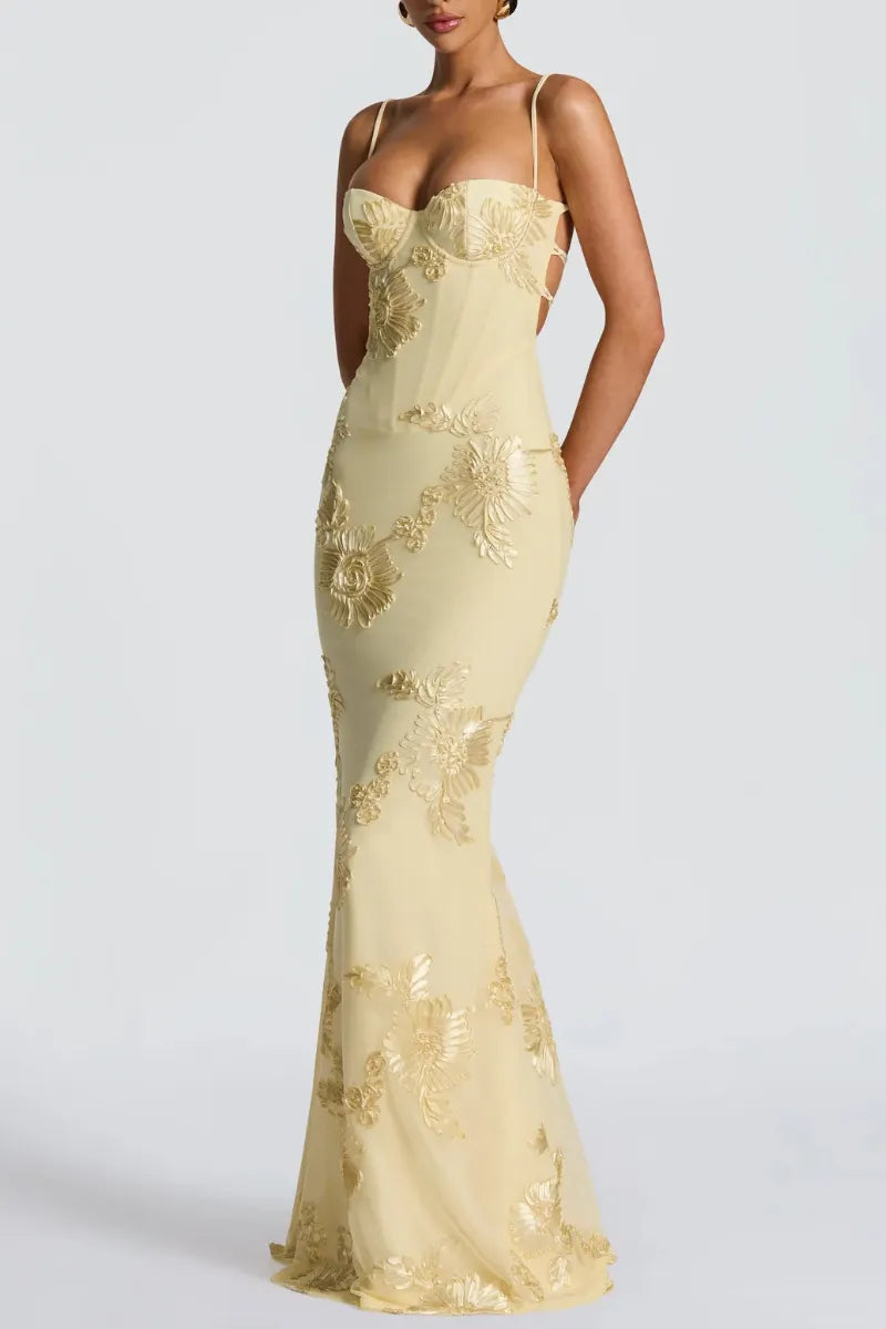 Luminous Golden Floral Embroidered Sweetheart Evening Gown