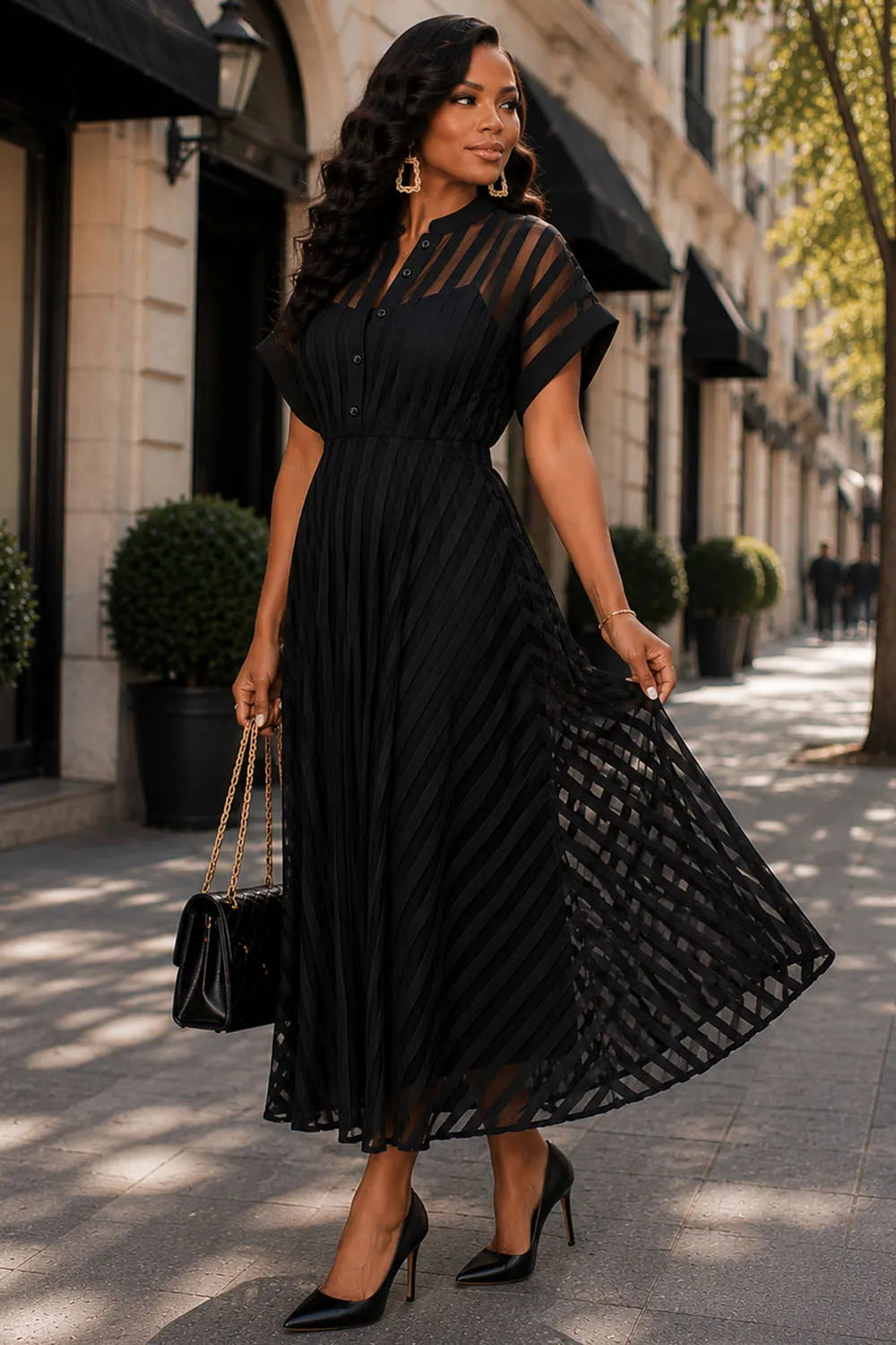Business Casual Black Shirt Collar Short Sleeve See Through Button Midi Dresses