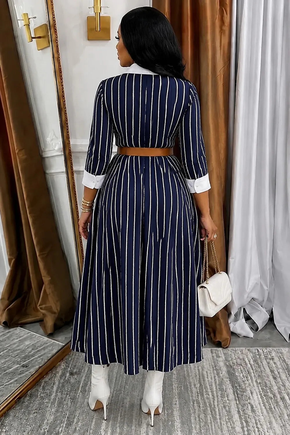Striped Print Turndown Collar 3/4 Sleeve Casual Midi Dresses-Navy [Pre Order]