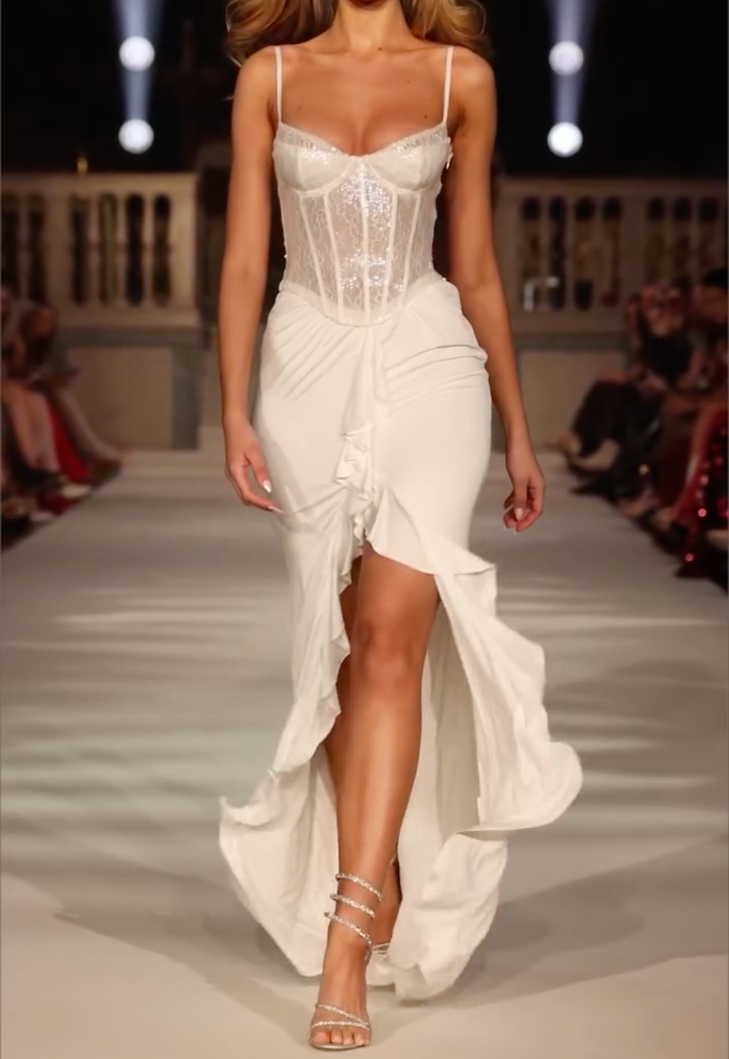 White Lace Corset High-Low Midi Dress with Ruffled Slit - Formal Evening Gown