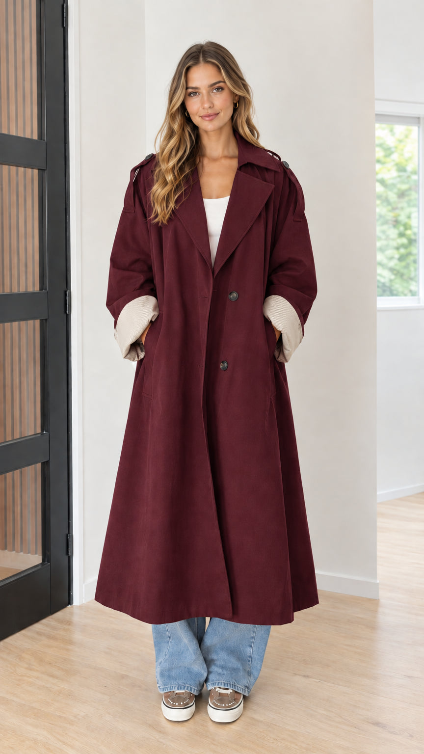 Women's Oversized Maxi Trench Coat with Contrast Ribbed Cuffs