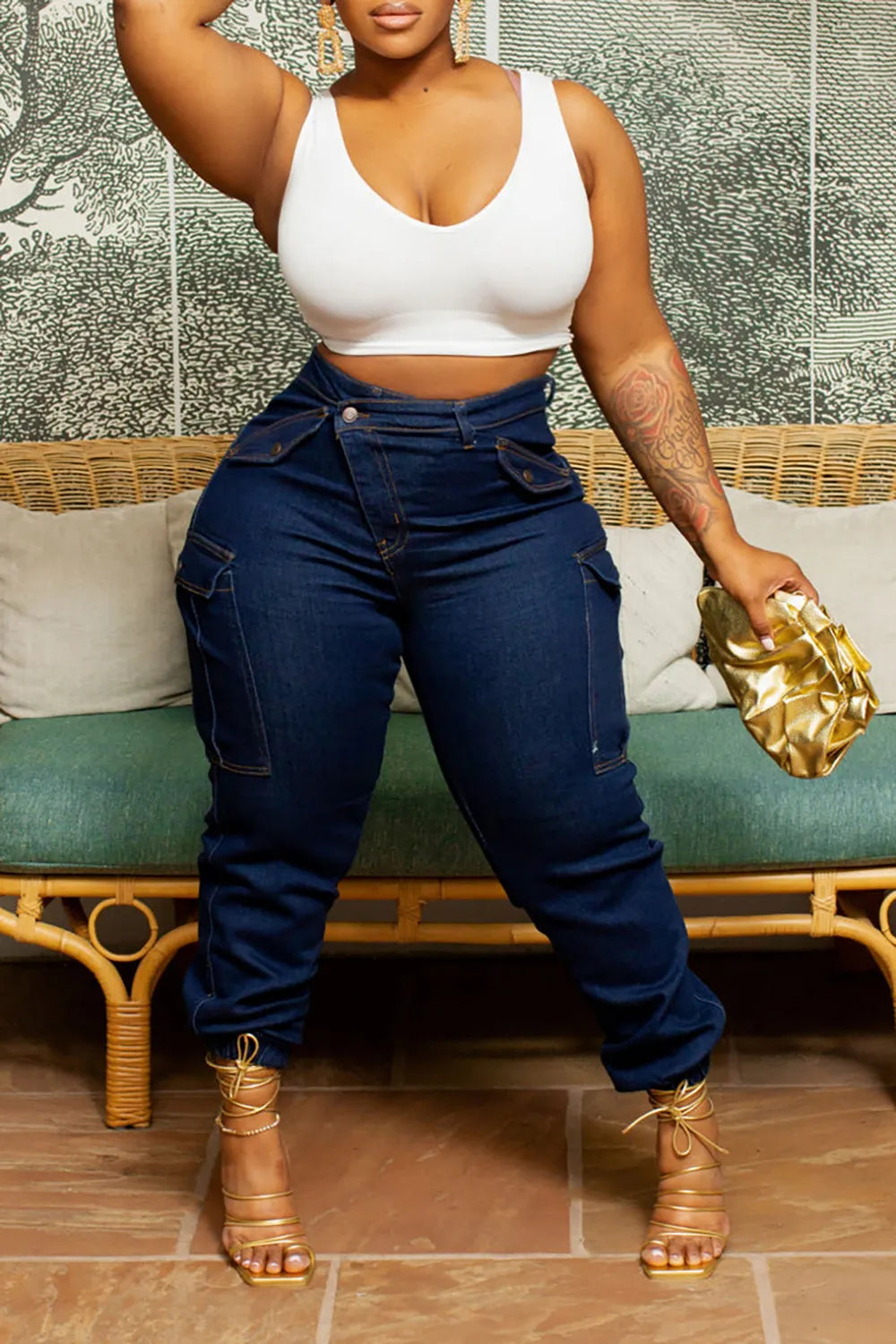 Xpluswear Plus Size Blue Daily Denim Asymmetric Waist With Pocket Cargo Jeans
