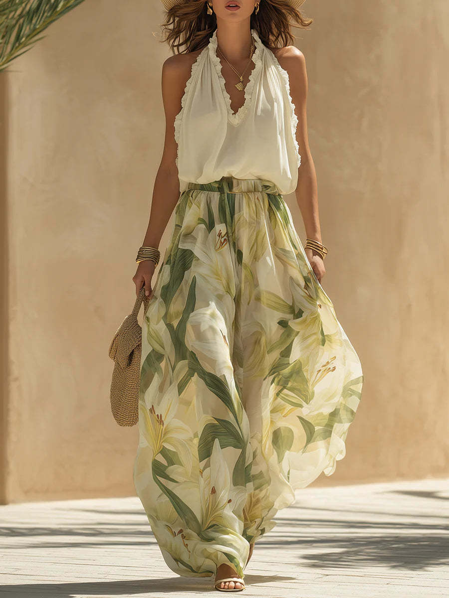 Tropical Garden Halter Leaf Print Wide-Leg Set