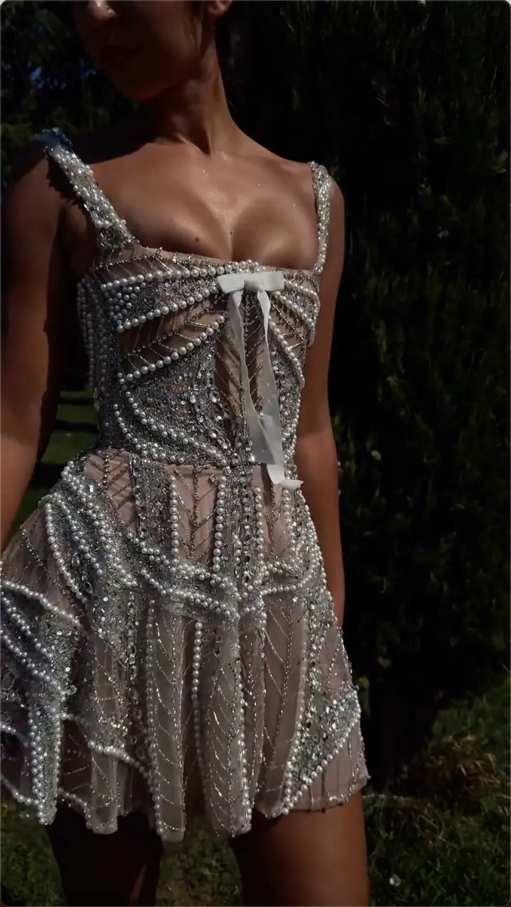 Champagne Gold Pearl Beaded Mini Dress with Satin Bow & Flared Skirt