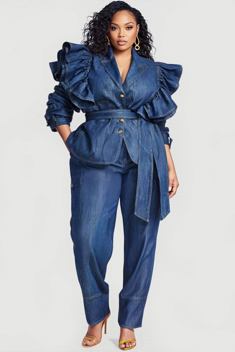 Business Casual Blue Turndown Collar Long Sleeve Ruffle Elegant Pocket Two Piece Pant Sets