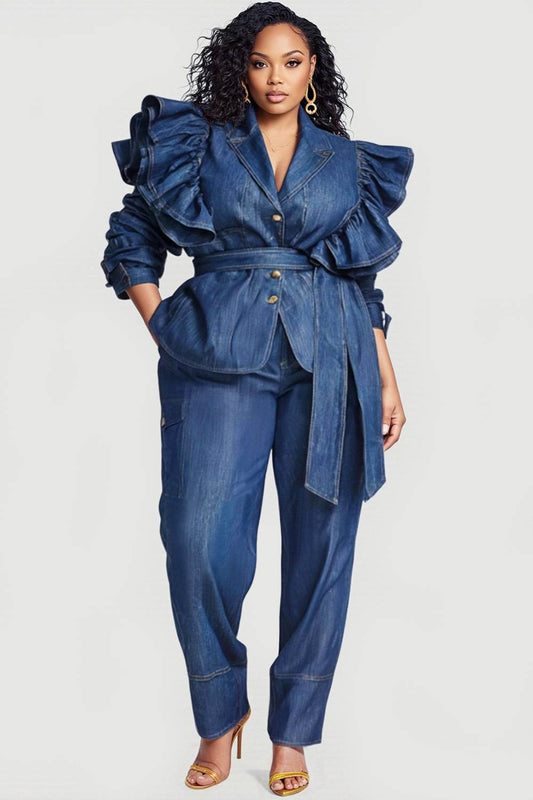 Business Casual Blue Turndown Collar Long Sleeve Ruffle Elegant Pocket Two Piece Pant Sets