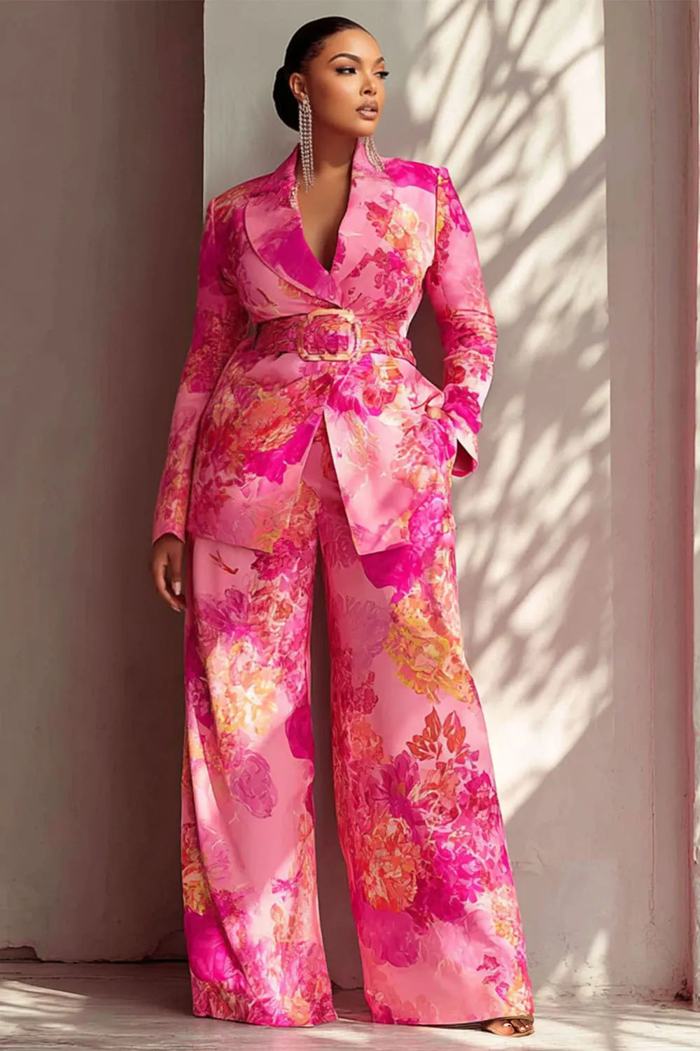 Hot Pink Turndown Collar Long Sleeve Pocket Satin Two Piece Pant Suits