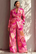 Hot Pink Turndown Collar Long Sleeve Pocket Satin Two Piece Pant Suits