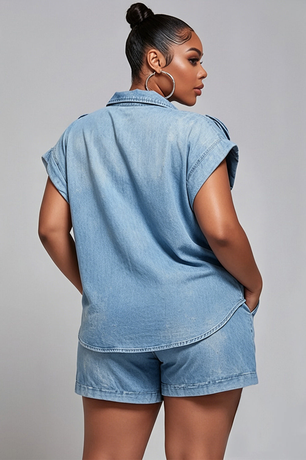 Xpluswear Design Plus Size Party Casual Blue Shirt Collar Short Sleeve 3D Pocket Denim Two Piece Short Sets