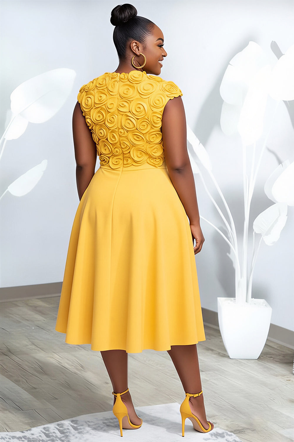 Cocktail Party Yellow Round Neck 3D Pocket Midi Dresses
