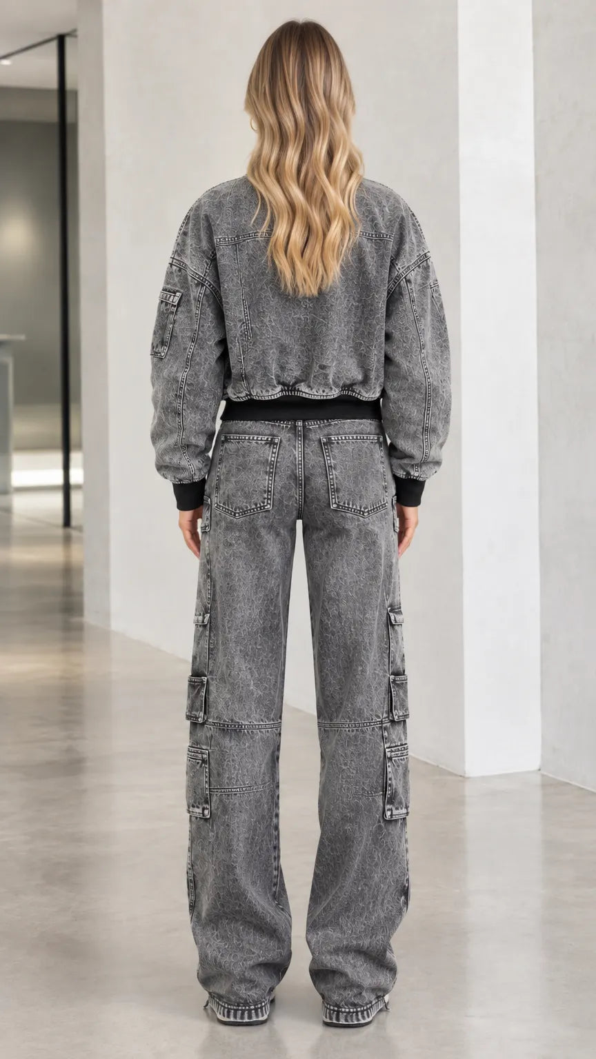 Washed Denim Bomber Jacket and Wide Leg Cargo Pants Two-Piece Set