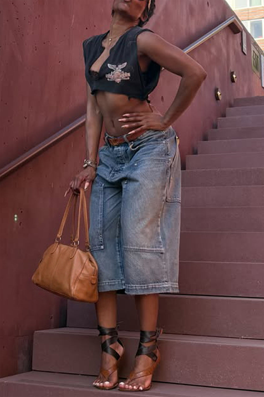 Plus Size Daily Blue Pocket Wide Leg Denim Jeans