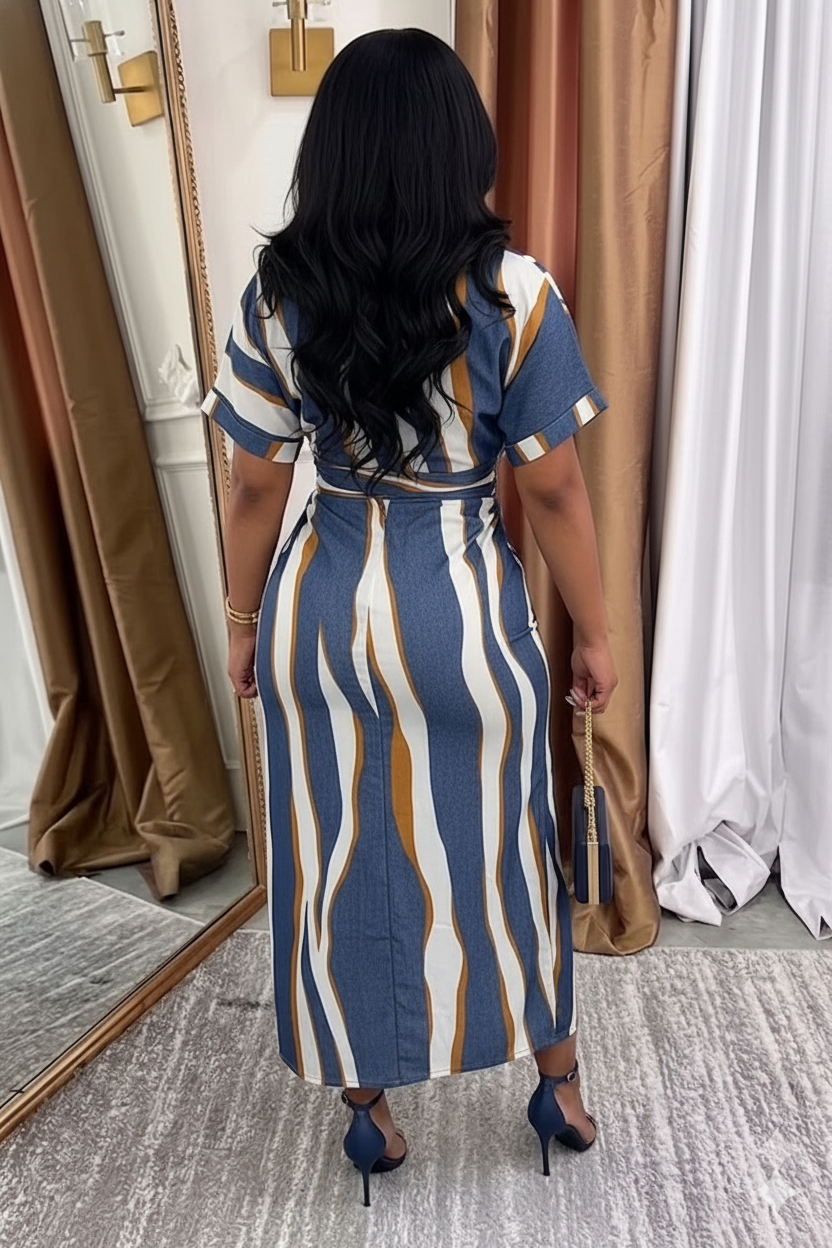 Turndown Collar Short Sleeve Ruched Sash Casual Maxi Dresses-Blue