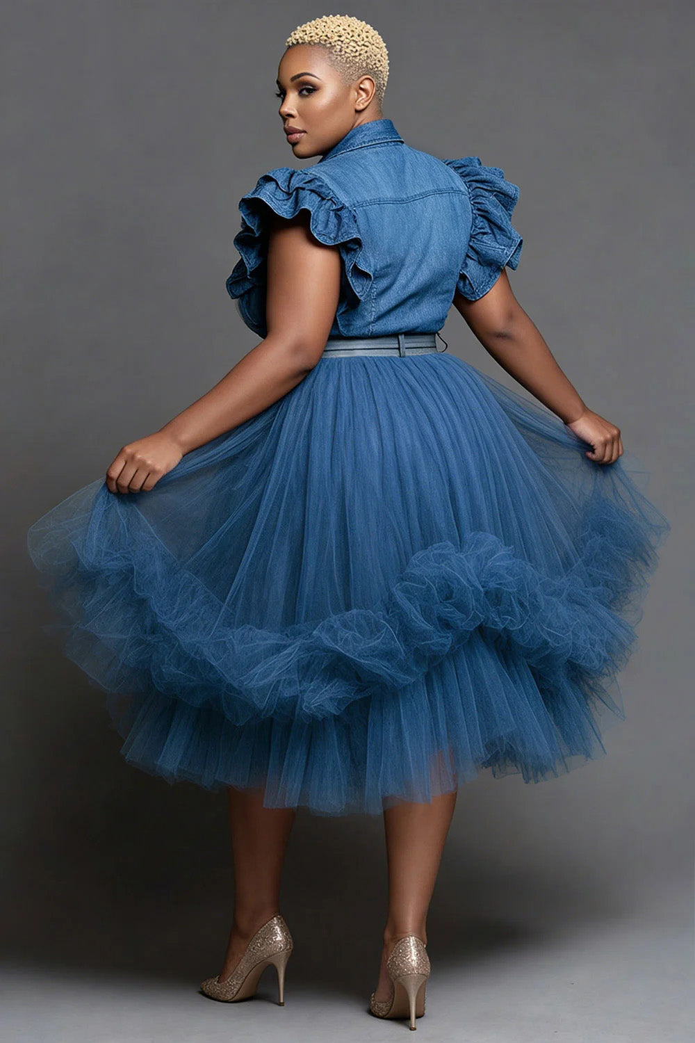 Xpluswear Design Plus Size Party Tulle Blue Shirt Collar Short Sleeve Contrast Elegant Tencel Denim Midi Dresses
