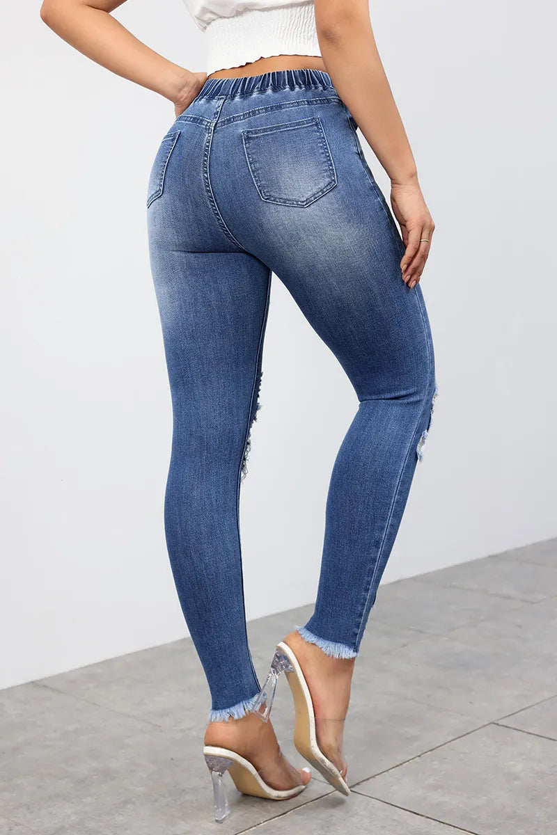 Women‘s Drawstring Waist Slim Fit Destroyed Jeans