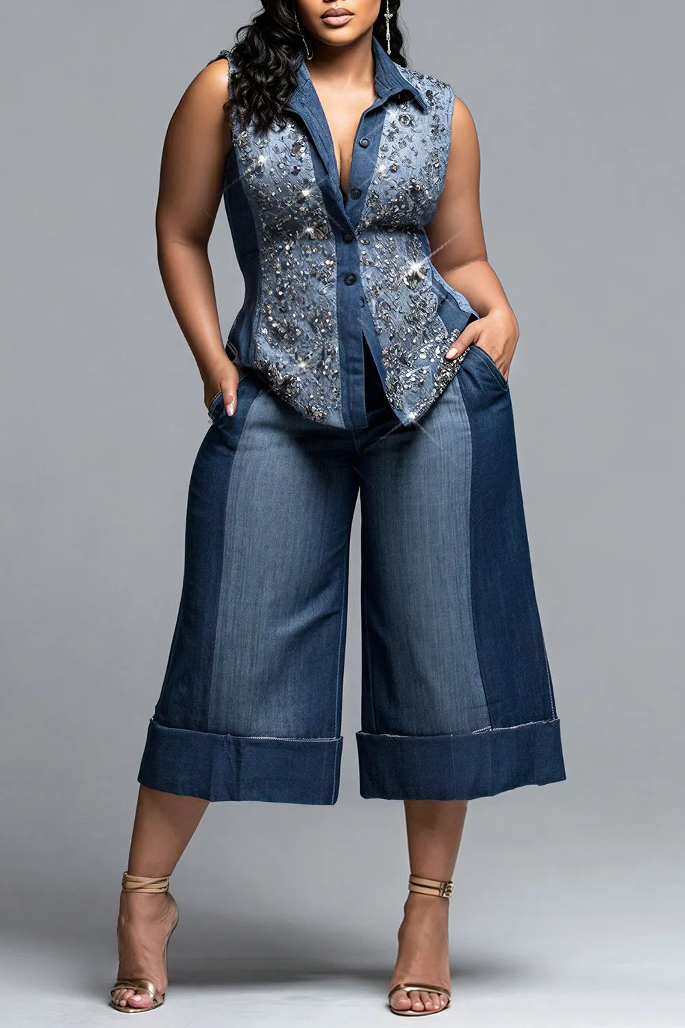 Xpluswear Design Plus Size Business Casual Blue Shirt Collar Sequin Pocket Tencel Denim Two Piece Pant Sets