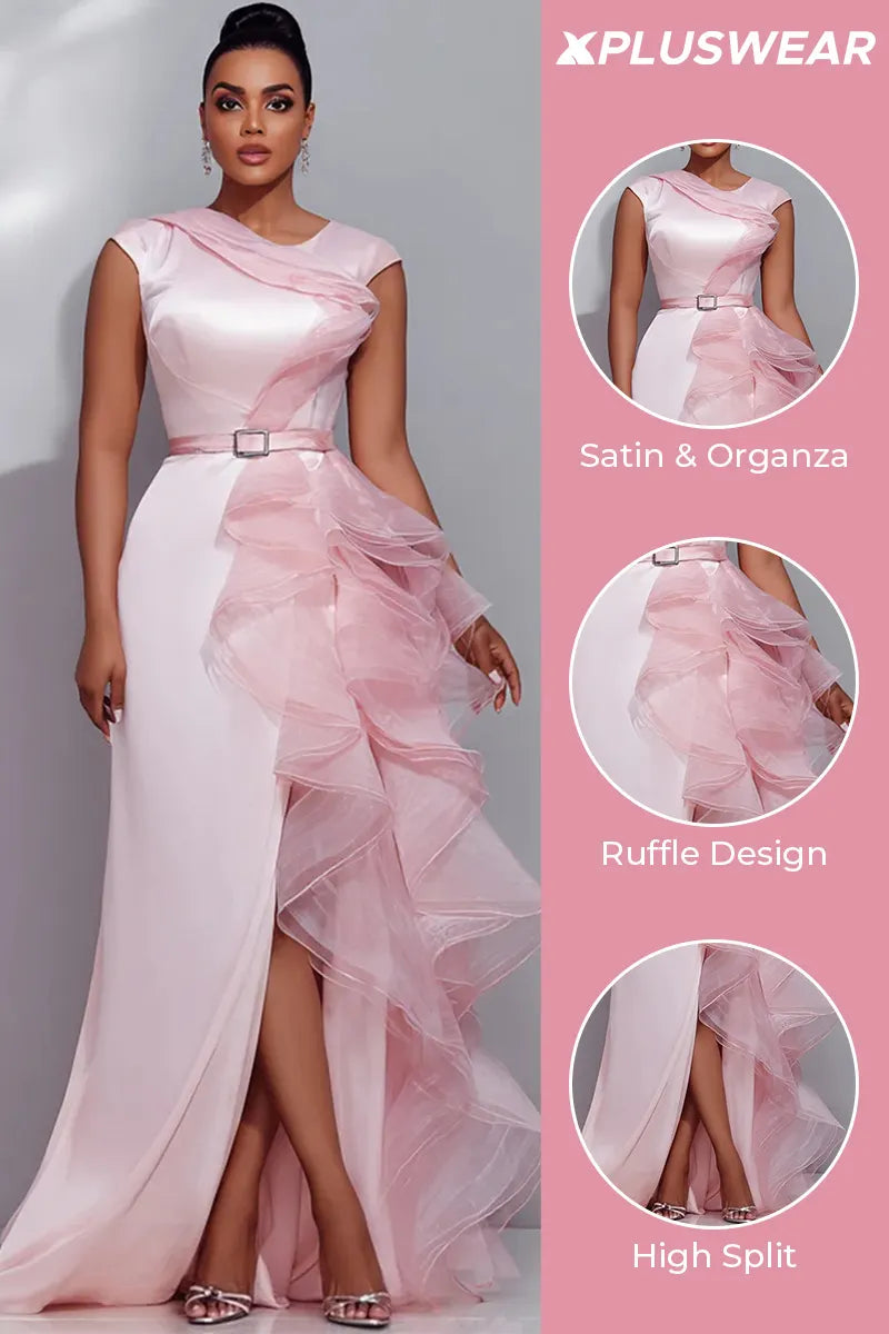Organza Pink Round Neck Cap Sleeve Short Sleeve Ruffle Split Satin Maxi Dresses