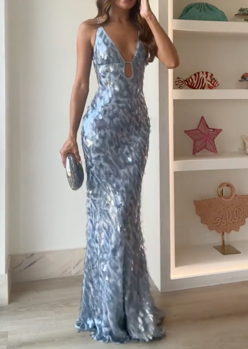 Ice Blue Ombre Waterdrop Sequin Halter Cutout Mermaid Maxi Dress