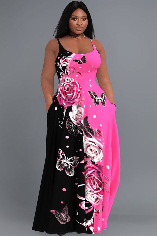 Casual Sundress Colorblock Butterfly Print With Pockets Maxi Dress