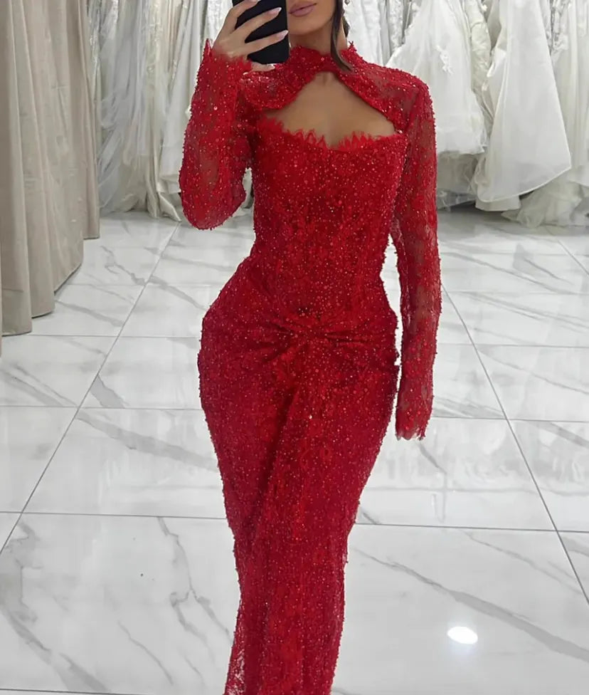 Red Beaded Lace High Neck Cutout Maxi Dress