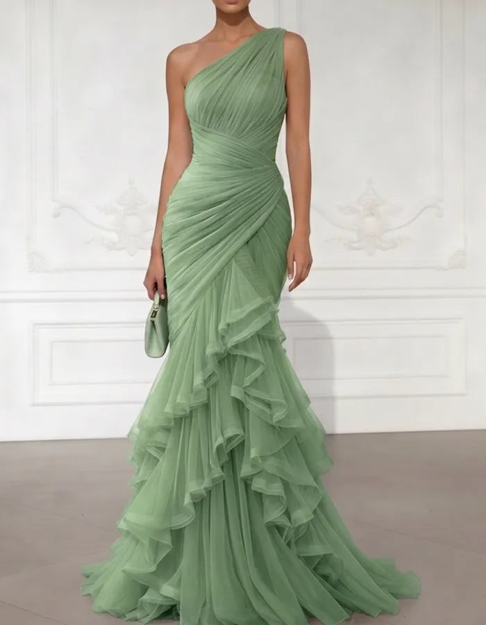 Blush One-Shoulder Ruched Tulle Ruffle Gown – Romantic Formal Elegance
