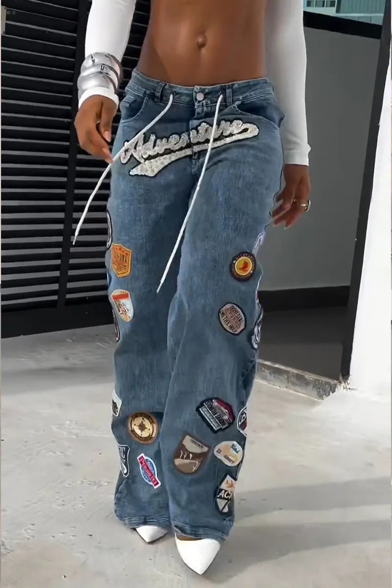 Women's Fashion Pattern Badge Beaded Wide Leg Jeans