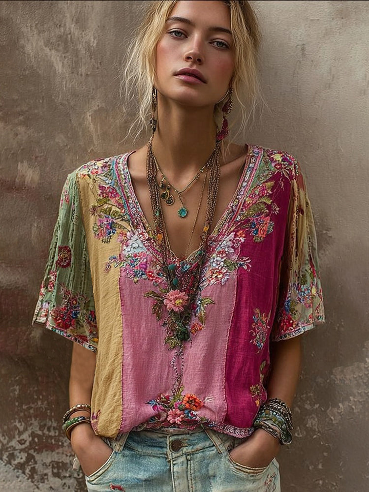 Women's Floral Embroidery Art Bohemian Colorblock Linen Blend V-neck T-shirt